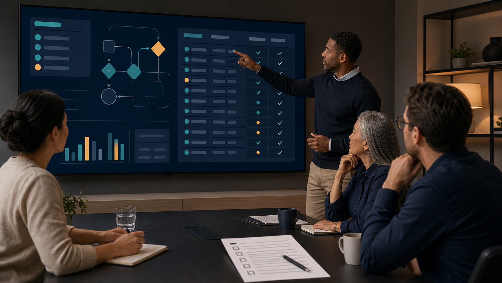 Operations team reviewing an abstract, brand-neutral decision log