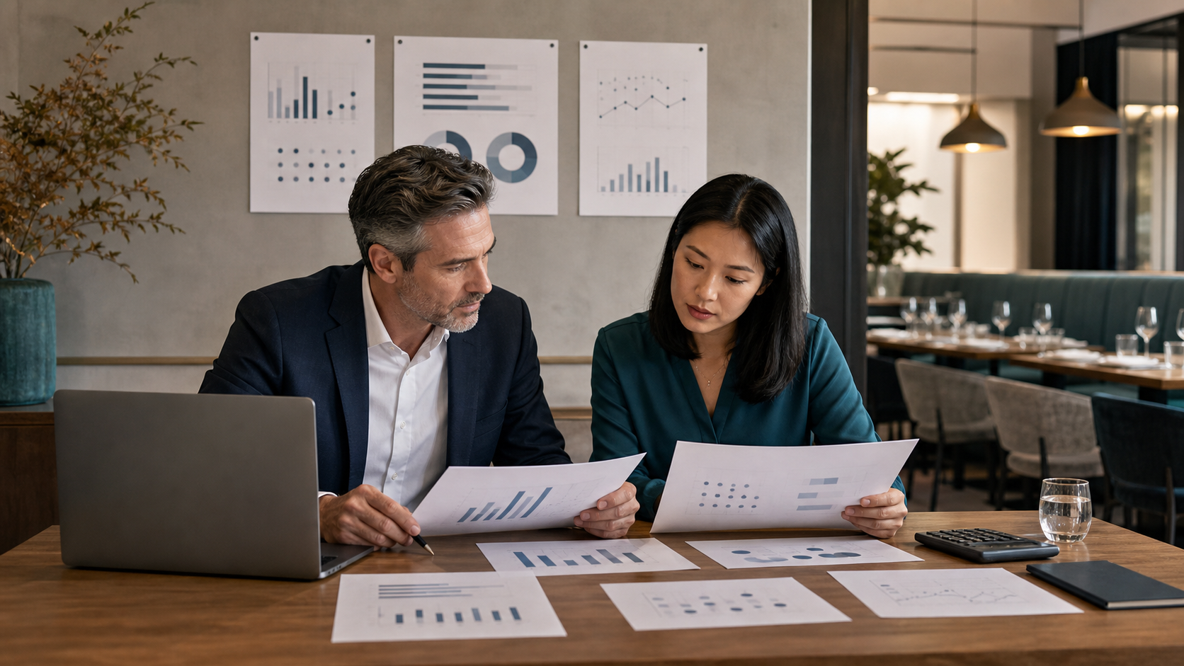 Executive and analyst reviewing abstract revenue, workload, and labor-hour measures