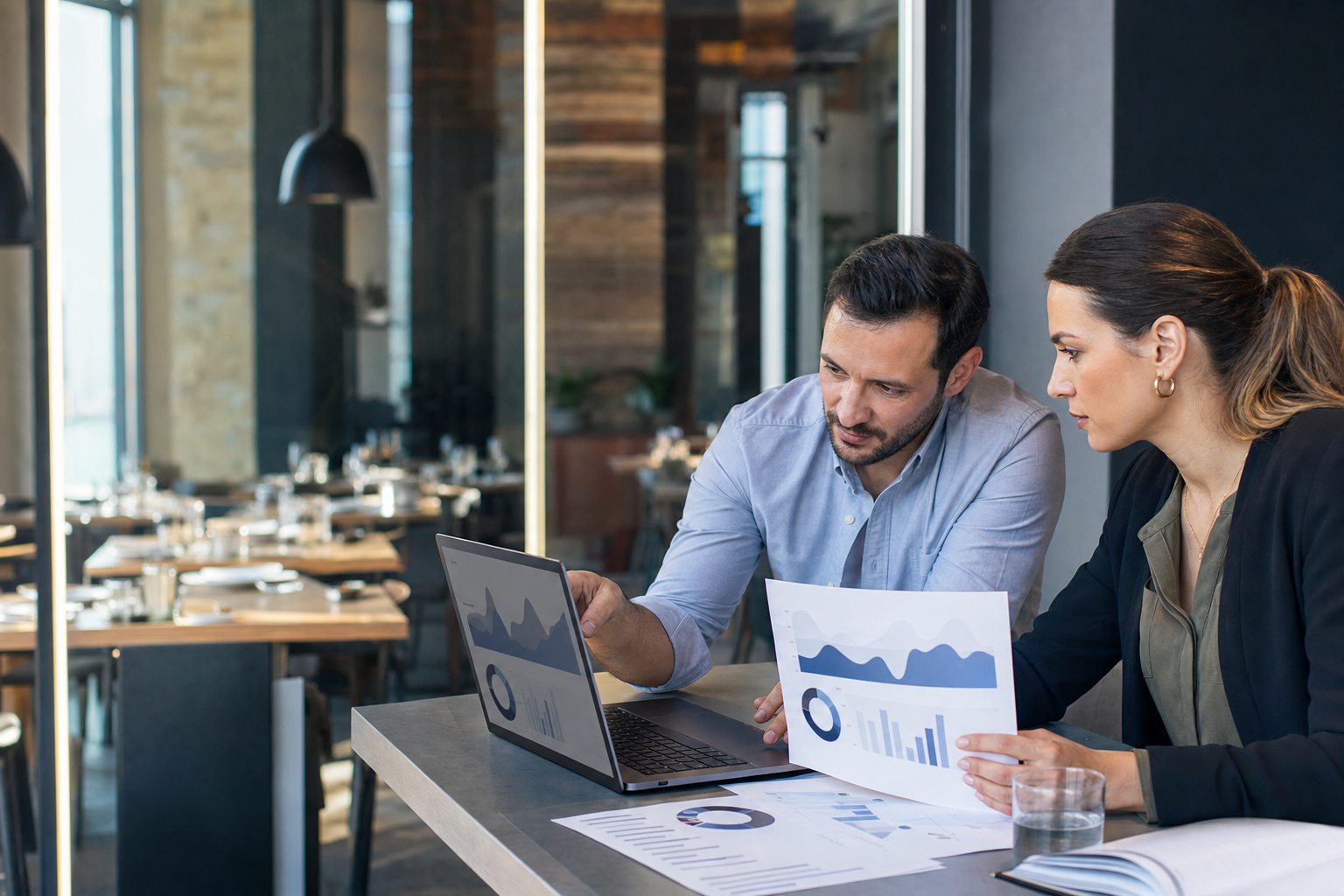 Restaurant analysts reviewing abstract forecast and actual demand charts