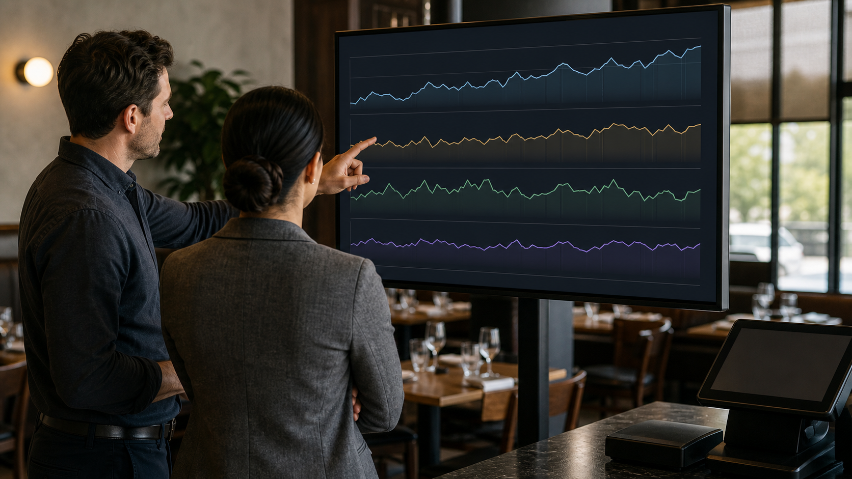 Restaurant analysts reviewing abstract revenue, transaction, check, and labor trends