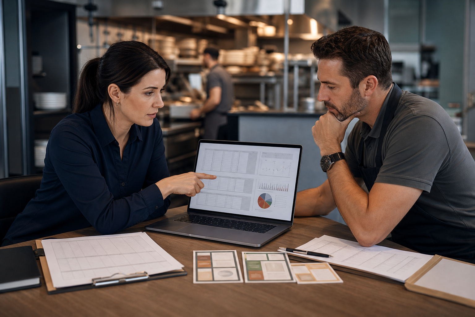 Restaurant analyst reviewing abstract tables and charts for a brand-neutral recall exposure query